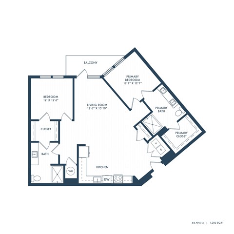 Floor plan for 2 beds, 2 baths, 1282 sqft